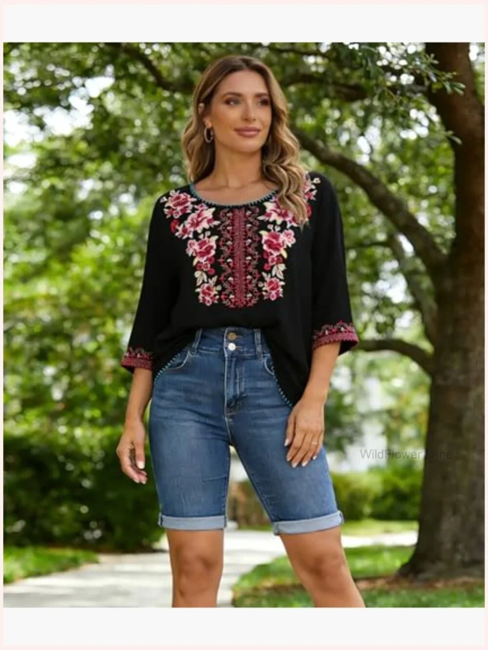 Mexican Embroidered Tunic Peasant Blouse Boho Cotton Top 3/4 Sleeve - Picture 5 of 6